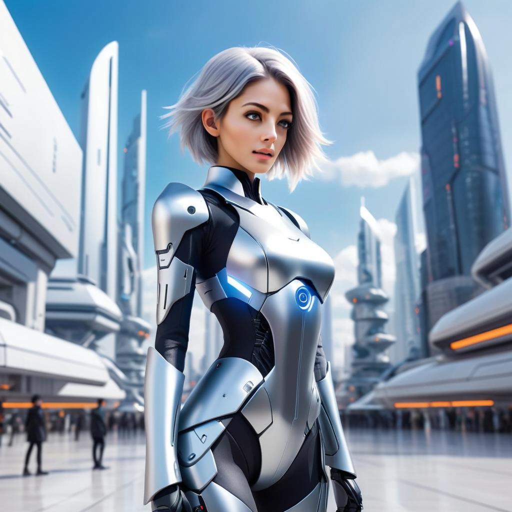 Futuristic Woman in Robotic Suit in High-Tech Cityscape