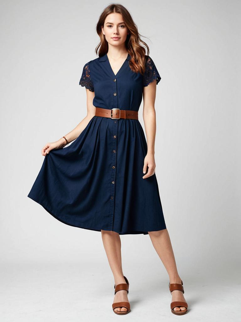 Woman Wearing Navy Blue Shirt Dress with Mid-Calf Length and Brown Belt