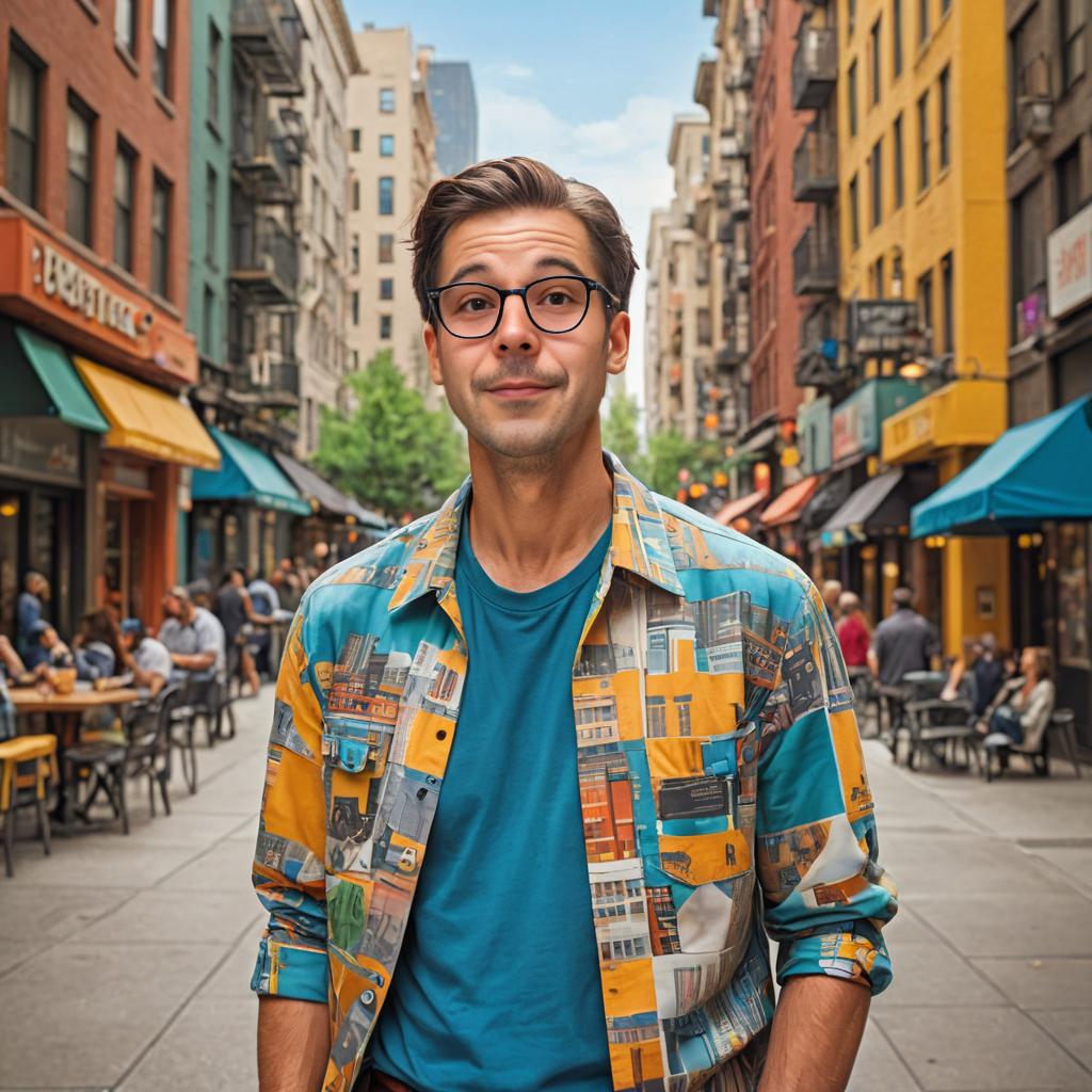 Stylish man in cityscape shirt on bustling street