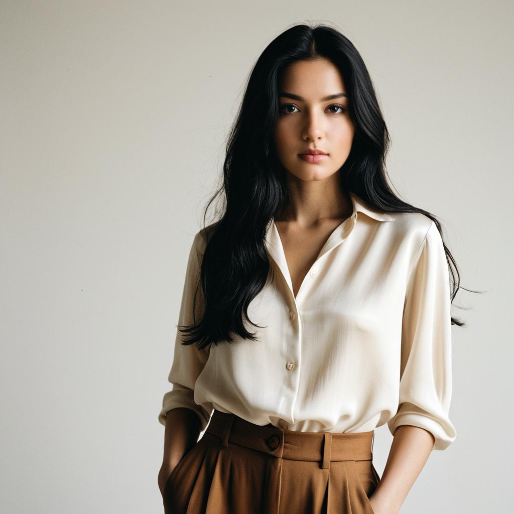 Confident Woman in Cream Blouse and Brown Trousers Minimalist Portrait