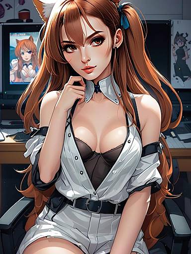 Stylish Anime Woman with Auburn Hair in Modern Casual Outfit