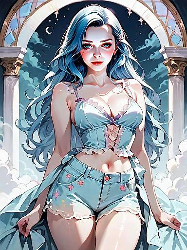 Blue-Haired Woman in Crop Top and Denim Shorts Dark Fantasy Nighttime Anime Artwork