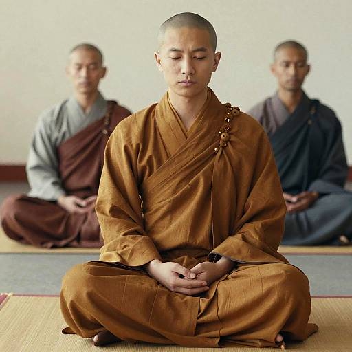 Meditating Buddhist Monks in Traditional Robes Practicing Mindfulness