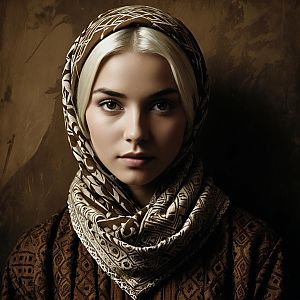 Realistic Portrait of Woman in Patterned Headscarf Against Dark Background