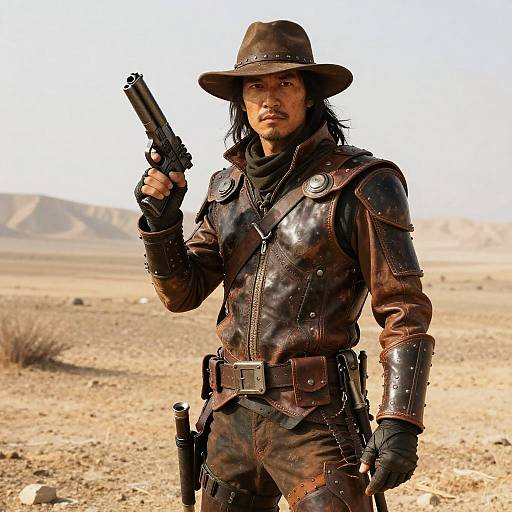 Post-Apocalyptic Cowboy with Futuristic Revolver in Desert