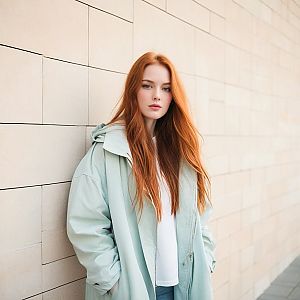 Young Woman in Blue Jacket Against Tiled Wall