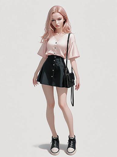 Realistic Full Body Shot of Woman in Casual Chic Outfit with Pale Pink Hair