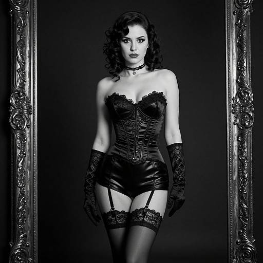 Vintage Style Woman in Black Satin Corset and Garter Stockings in Ornate Frame
