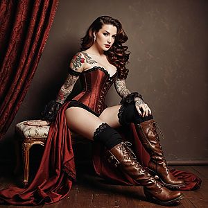 Vintage-Inspired Woman in Red Corset with Tattoos and Boots