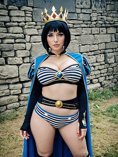 Ancient Princess Menace in Bold Blue Striped Cosplay Outfit with Crown
