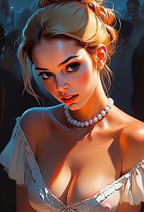 Elegant Young Woman in White Dress with Pearl Necklace