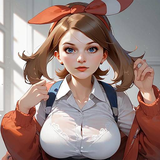 Anime Style Portrait of Young Woman with Orange Headband and School Uniform