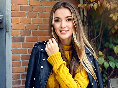 Cheerful Woman in Leather Jacket Against Brick Wall