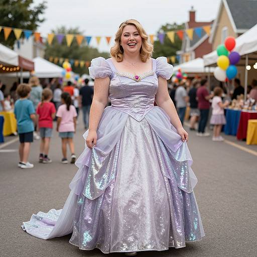 Woman in Lavender Princess Dress at Outdoor Street Fair Celebration
