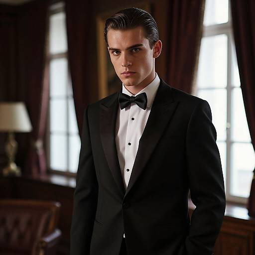 Young Man in Classic Black Tuxedo Bow Tie Formal Portrait