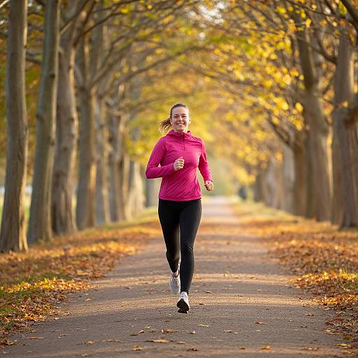 Woman Jogging on Tree-Lined Autumn Path in Pink Jacket