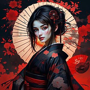 Digital Portrait of Woman in Black Kimono