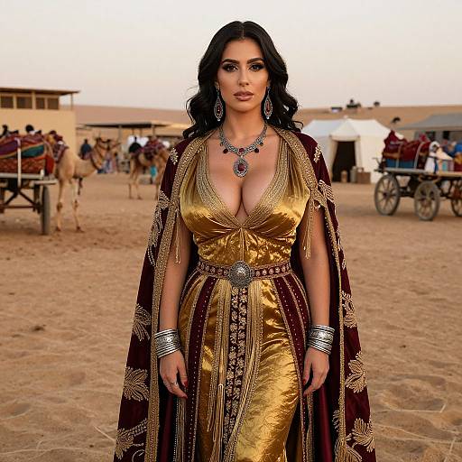 Elegant Woman in Traditional Gold and Maroon Dress in Desert