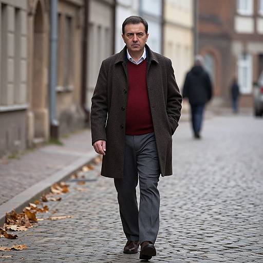 Middle-Aged Man Walking on Cobblestone Street in Autumn