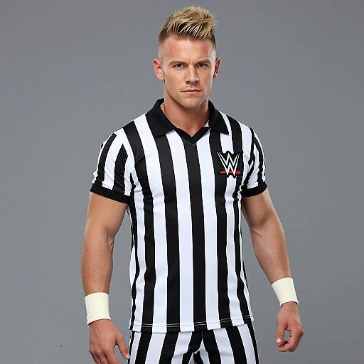 Man in WWE Referee Uniform Black and White Striped Shirt