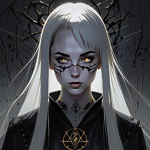 Digital portrait of a woman with white hair and amber eyes