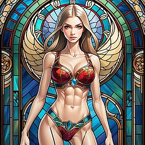 Confident Woman in Fantasy Armor by Stained Glass Window