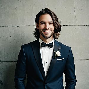 Elegant Man in Navy Tuxedo with Bow Tie and Boutonniere