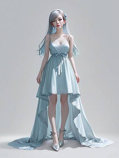 Realistic Full Body Portrait of Woman in Elegant Silk-Inspired Blue High-Low Dress