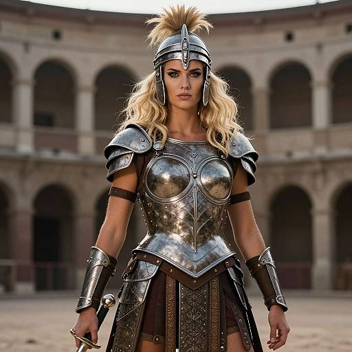 Woman Gladiator in Roman Armor in Ancient Arena
