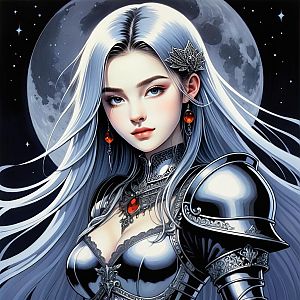 Confident Woman in Silver Armor under Full Moon