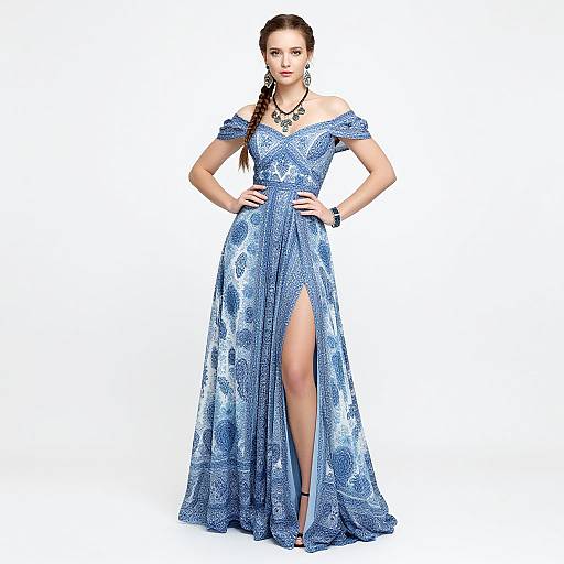 Elegant Woman in Blue Off-Shoulder Evening Gown with High Slit