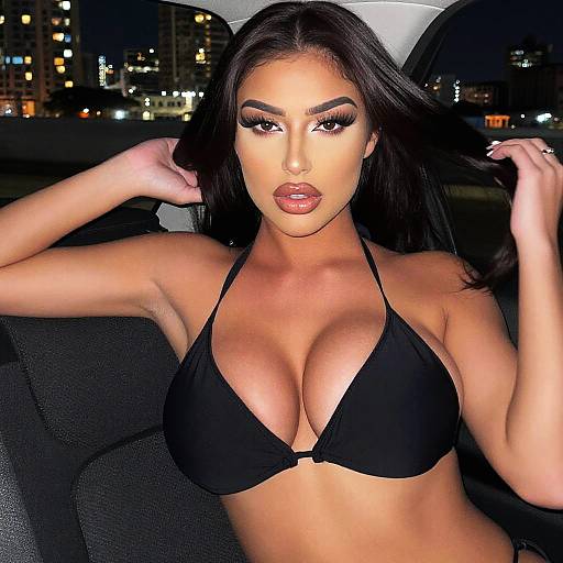 Glamorous Gen Z Woman in Black Bikini Night City Car Portrait