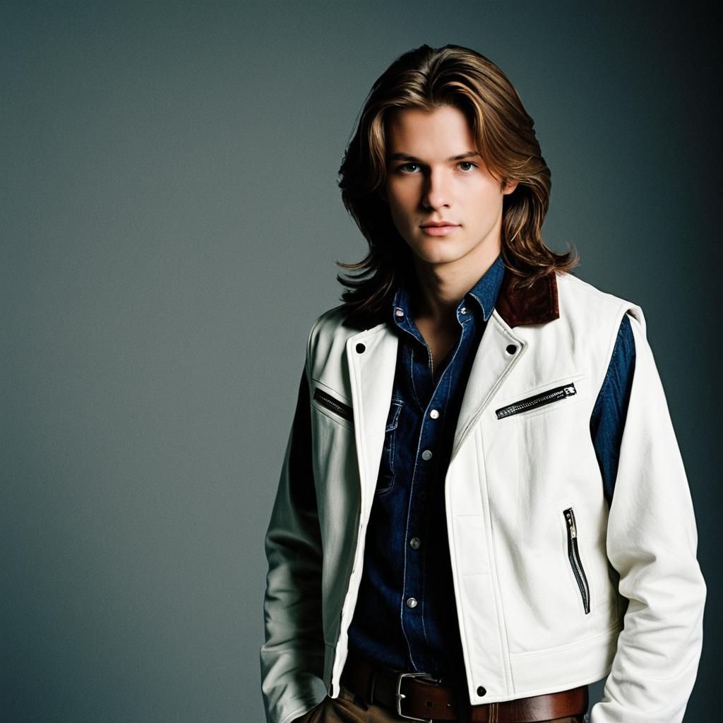 Young Man in White Leather Jacket and Denim Shirt Portrait