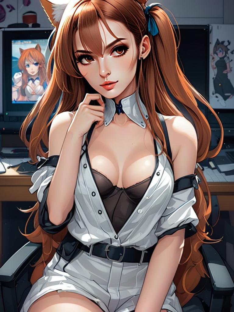 Stylish Anime Woman with Auburn Hair in Modern Casual Outfit