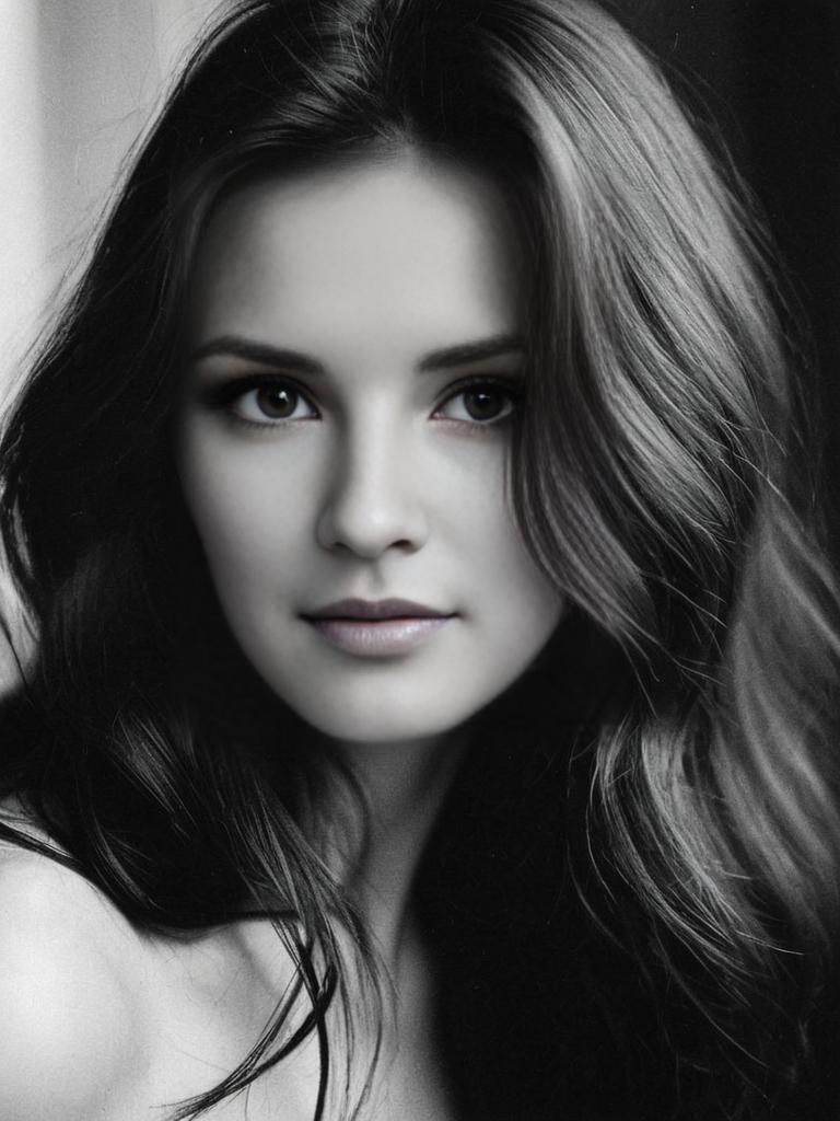 Black and White Realistic Portrait of Young Woman with Flowing Hair