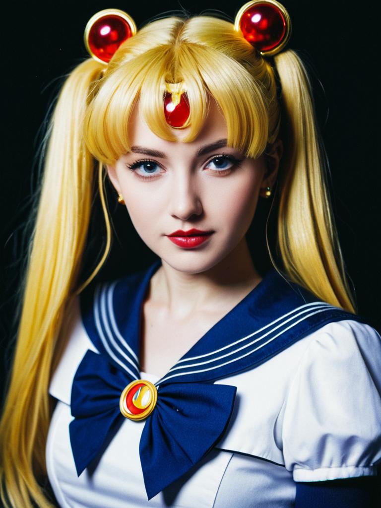 Woman in Sailor Moon Costume Photorealistic Cosplay Portrait