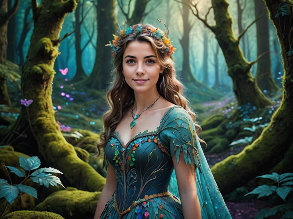 Enchanting Woman in Pixie Gown in Mystical Forest