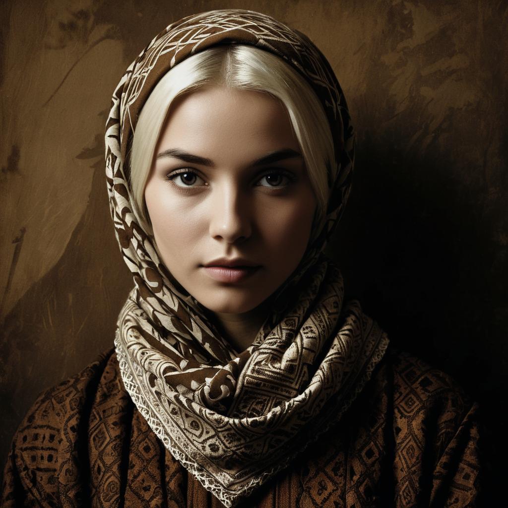 Realistic Portrait of Woman in Patterned Headscarf Against Dark Background