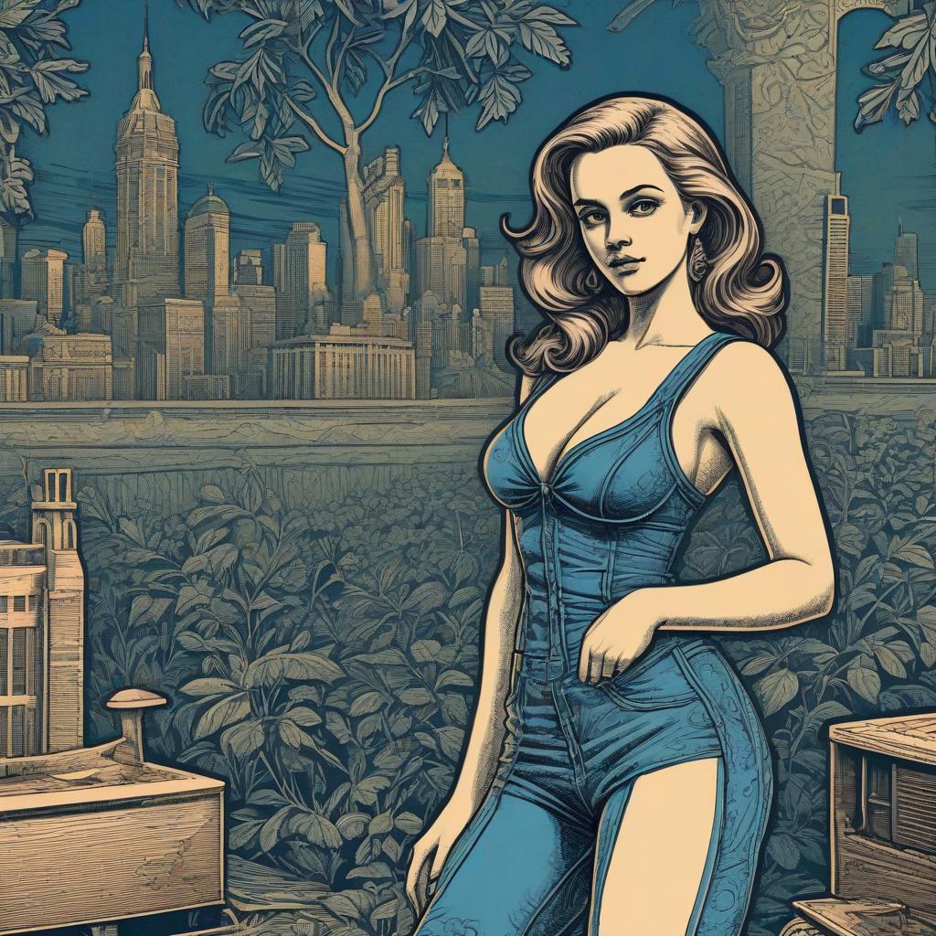 Stylish Woman in Denim Outfit Against Vibrant Cityscape