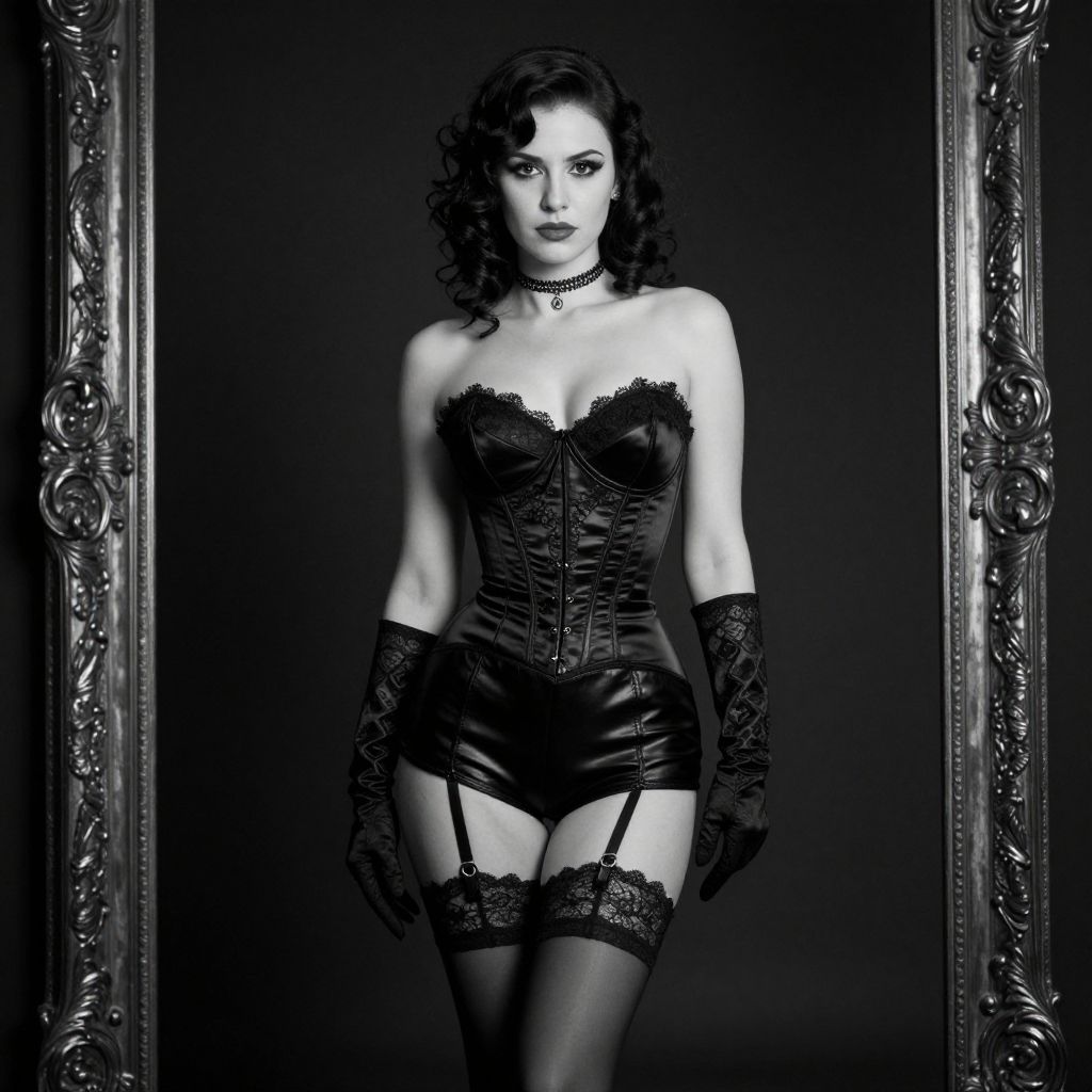 Vintage Style Woman in Black Satin Corset and Garter Stockings in Ornate Frame