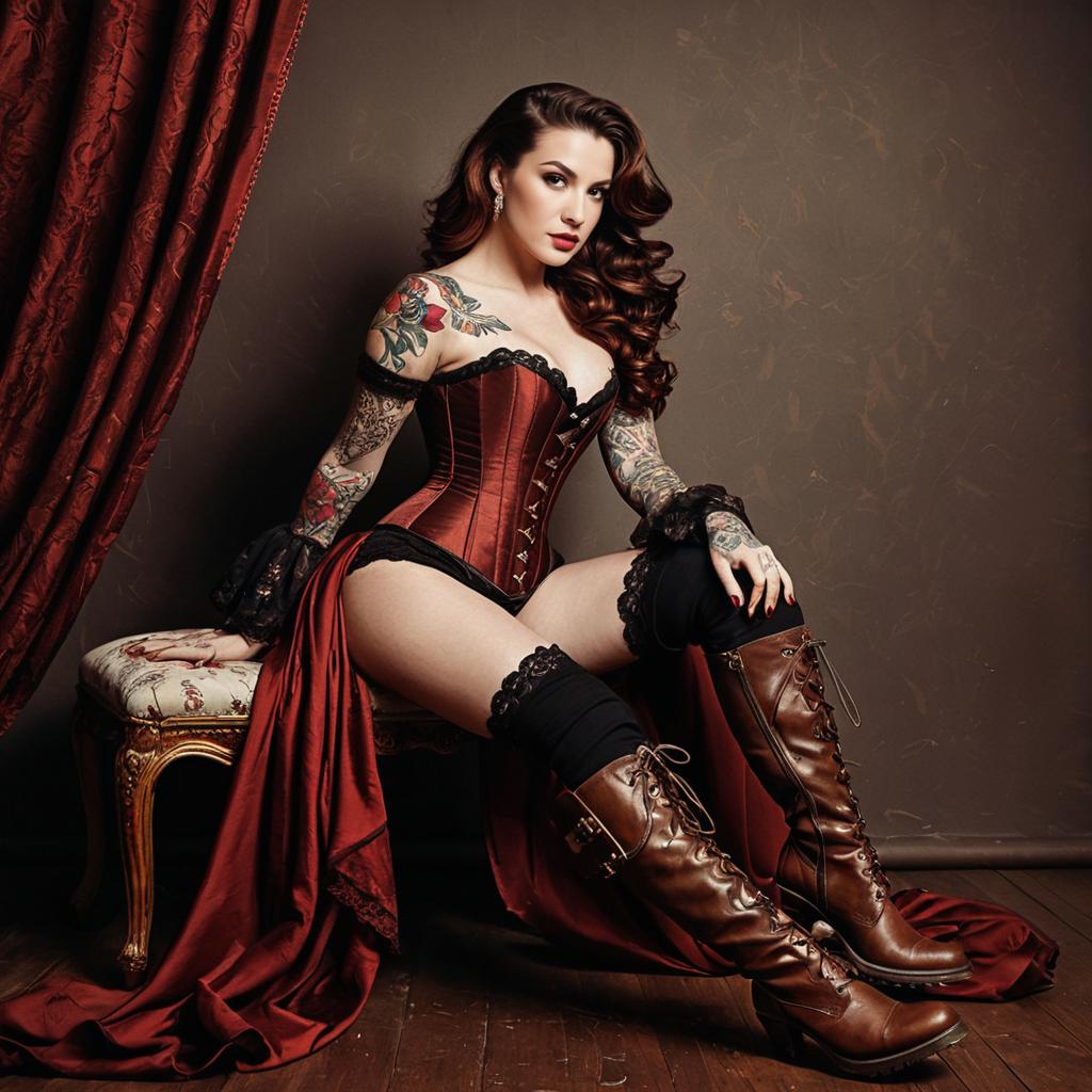 Vintage-Inspired Woman in Red Corset with Tattoos and Boots