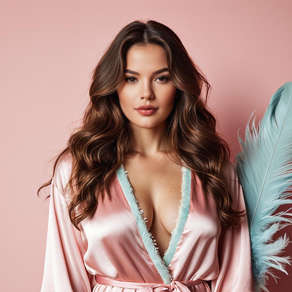 Glamorous Woman in Silky Pink Robe with Blue Feather on Pink Background