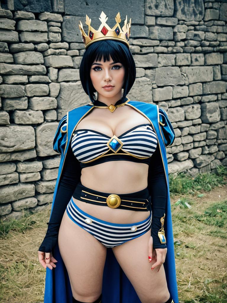 Ancient Princess Menace in Bold Blue Striped Cosplay Outfit with Crown