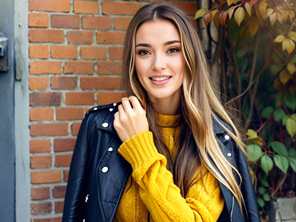 Cheerful Woman in Leather Jacket Against Brick Wall Cheerful Woman in Leather Jacket Against Brick Wall