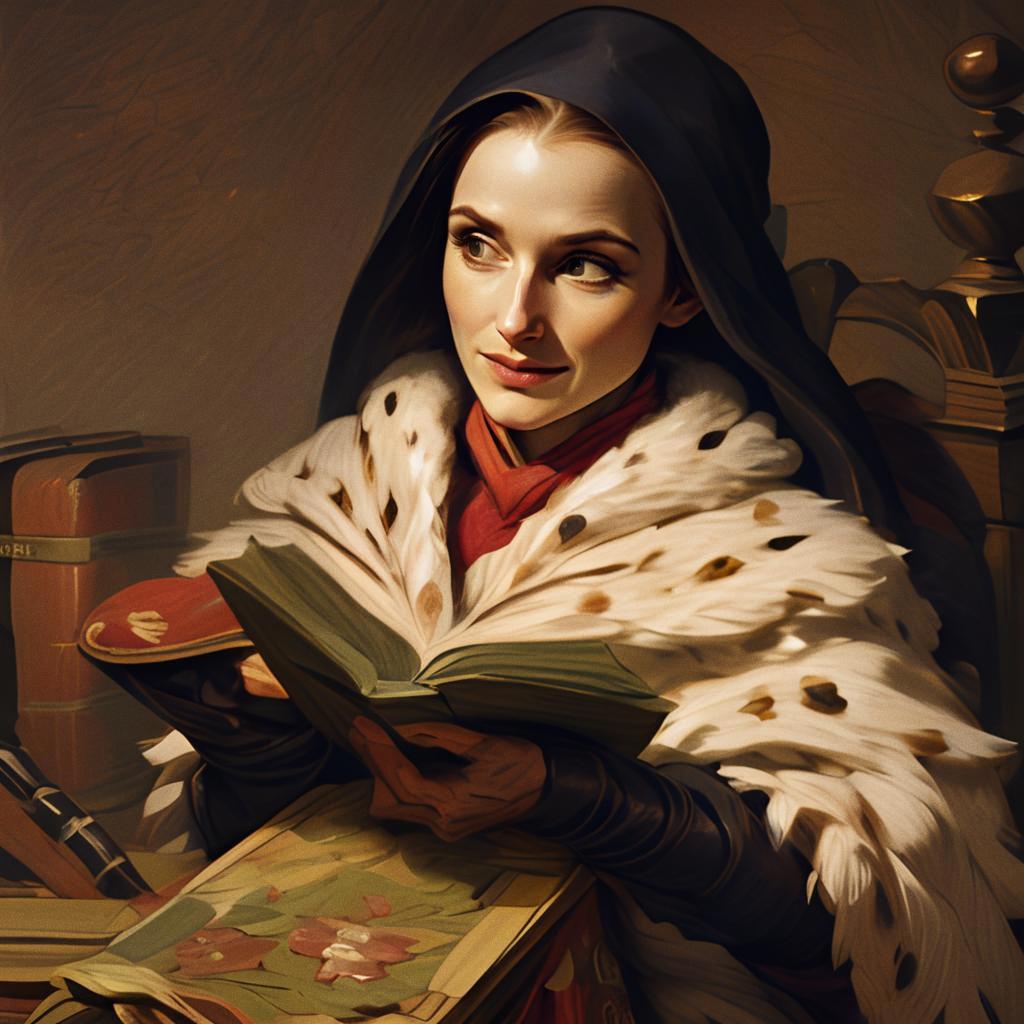 Medieval Noblewoman Reading Book in Regal Fur-Lined Cloak