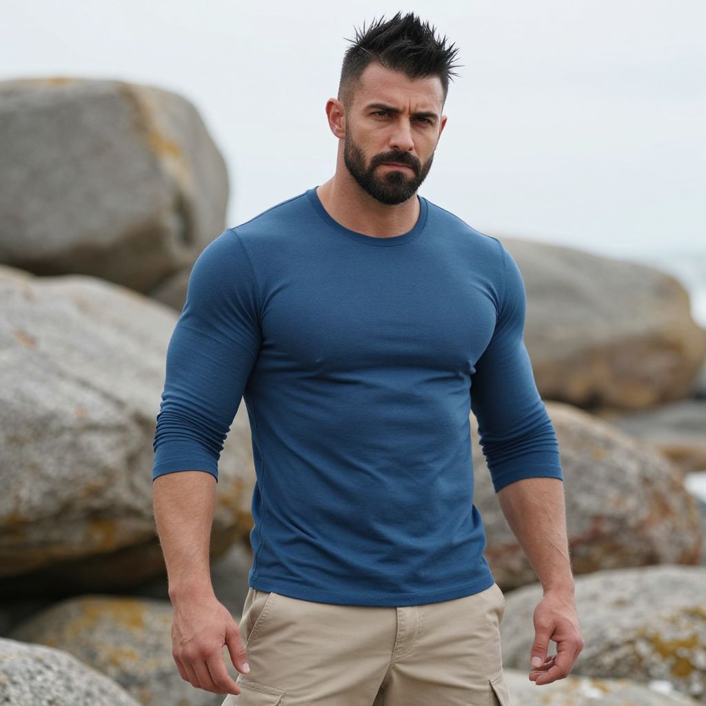 Muscular Man in Blue Long Sleeve Shirt Outdoors with Rocky Background