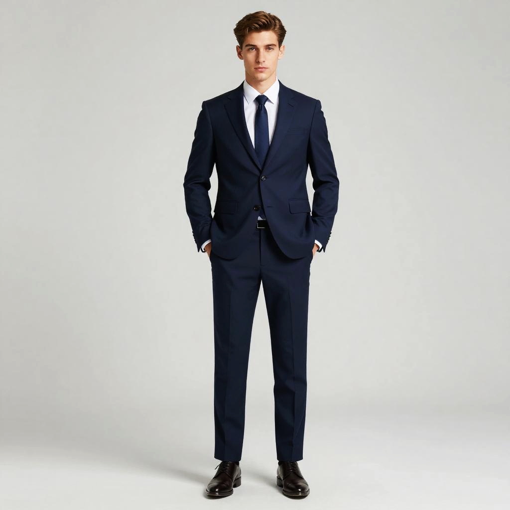 Young Man in Classic Navy Blue Business Suit with Tie