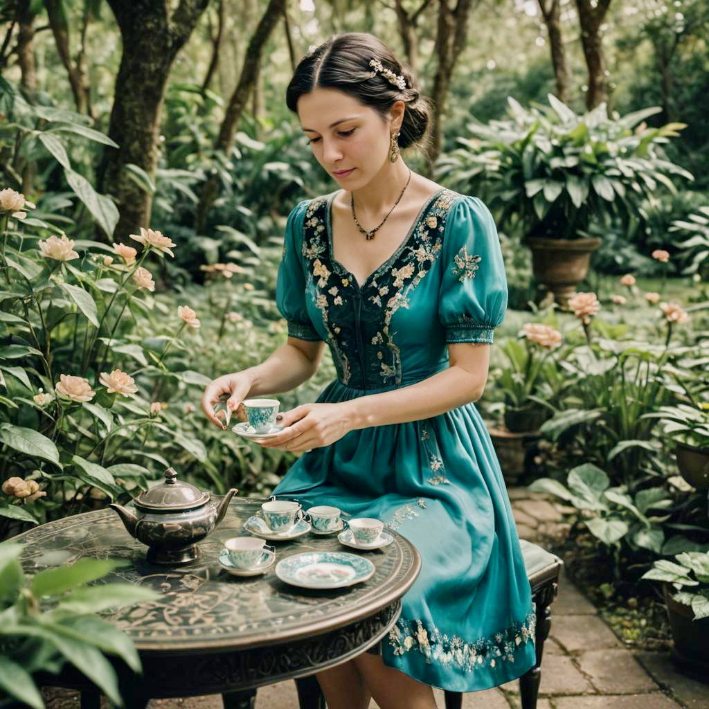 Elegant Woman Serving Tea in a Lush Garden