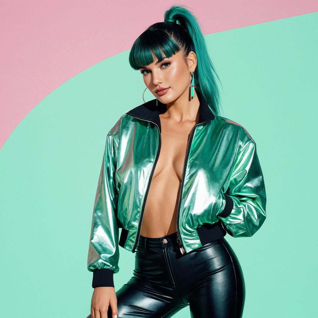 Fashionable Woman in Metallic Green Bomber Jacket with Teal Hair