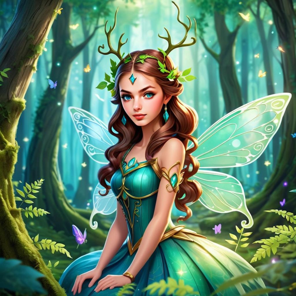 Young Woman with Butterfly Wings in Enchanted Forest